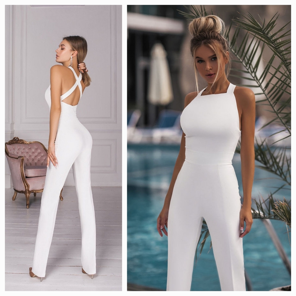NWT Monika Elegant White Ivory Backless Straight Leg Jumpsuit Romper Medium